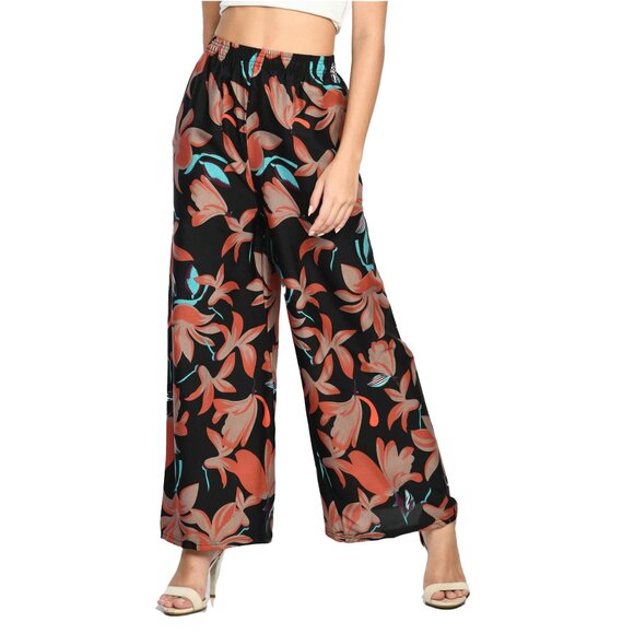 Women's Soft Cotton Blended Loose Fit Wide Leg Comfort Palazzo Printed Pants - Picture 1 of 16